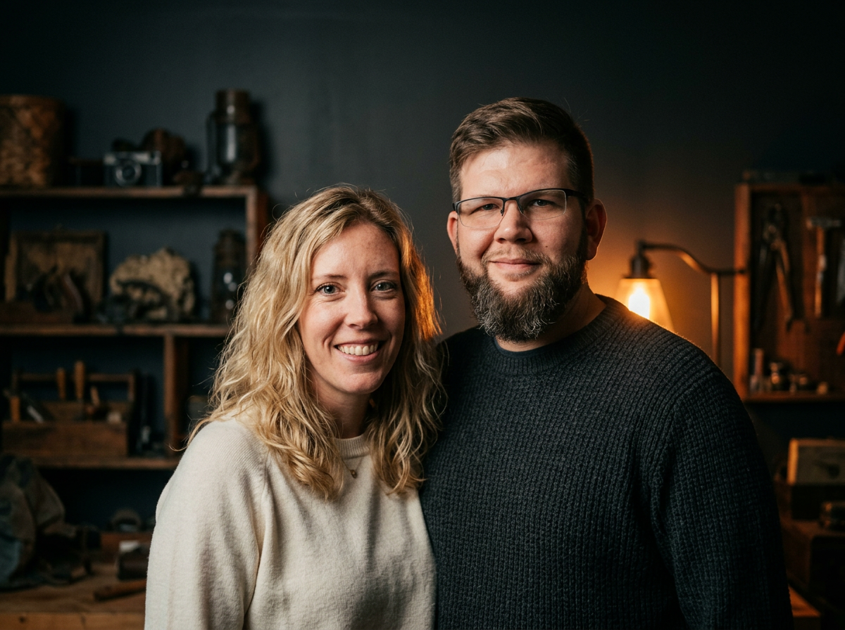 Holly and Daniel O'Brien, founders of Hearth & Anvil, standing together in a workshop
